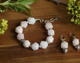 Morganite and sterling silver Jewelry set Pink bracelet Pink earrings Pink morganite jewelry set Pink Wedding Jewelry Boho Bride Womens gift