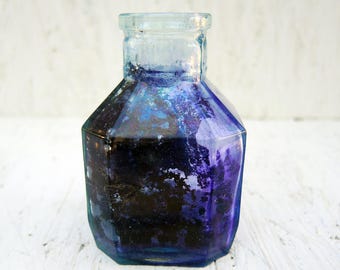 Antique glass bottle - Antique glass inkwell - Clear green blue glass inkwell - b21
