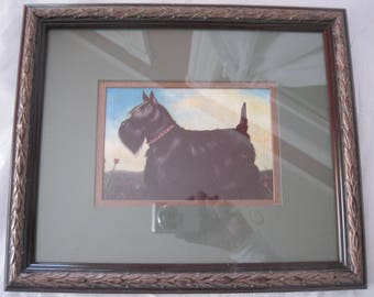 Black SCOTTISH TERRIER Scottie Dog Vintage Picture w/Glass Highland Westie