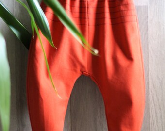 orange toddler harem pants, zero waste, orange toddler pants, orange toddler trousers, upcycled toddler clothing, upcycled kids clothing,