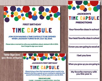 Time Capsule First Birthday BOY or GIRL 1st Birthday Printable Time Capsule Predictions Colorful Rainbow Dots Table Sign Baby Red Blue Green