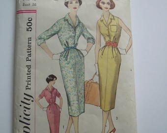 1958 SIMPLICITY Pattern #2504 "SLENDERETTE" dress with collar and softly pleated slim skirt. Old sz.16 Bust 36