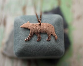 Hand Sawn and Etched Copper Furry Black Bear Necklace
