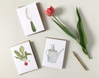 Spring Gardening Watercolor Notecard Set Three Blank Cards with Envelopes Watering Can Radish Hand Trowel Tools Gifts for Gardeners Under 15