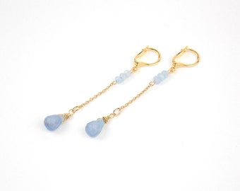 DROPS - Aqua Chalcedony and Gold filled Long Earrings and Gems Stones