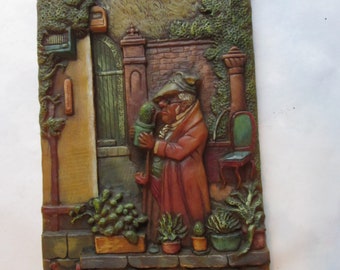 Rare Vintage German Folk Relief Wax Art Plaque