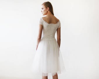 Ivory Off-the-Shoulders Tulle & Lace Midi Short Sleeves Dress 1153