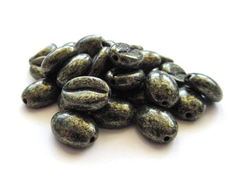 Deep Green Czech Glass Coffee Bean Beads with Golden Picasso Finish, 11mm x 8mm - 30 pieces