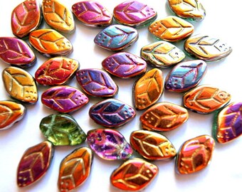 20 Czech glass beads, leaf shape, leaves 13mmx8mm, purple, orange, assorted colors