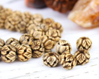 Natural Ox Bone Carved Round Rondelle Beads, Leaf Carving, Tea Stained, 8x10mm, 5 Beads, G10, Rustic Boho Primitive