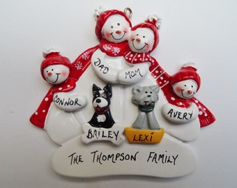 Personalized Snow Family of 4 with 2 Pets - Snow Family of 4 Christmas Ornament with 2 Dogs - Snow Family of 4 Ornament with Cats