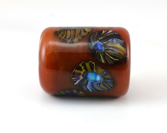 Silver Blue Murrini on Red Large Hole Handmade Glass Lampwork Bead