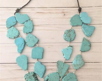 Layered Turquoise Necklace, Long Turquoise Statement Necklace, Chunky Turquoise Necklace, Double Strand Necklace, Large Turquoise Necklace