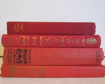 Red Orange Decorative Books Vintage Old Antique Book Set Stacked Books Photography Props Stack of Books Wedding Coffee Table Decor