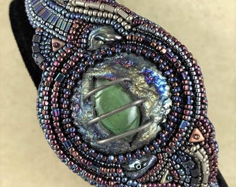 Raku "Caged" by Maku Raku, Embroidered by me