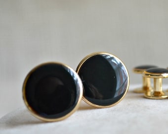 Noir boucles d’oreilles émail et métal doré Tuxedo et boutons de manchette / / boutons de manchette du marié / Vintage noir boutons de manchette / / père de la mariée