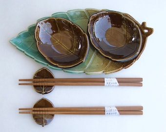 Ceramic Sushi Set, Hand Built, Beautiful Leaf Design, Serve for Two