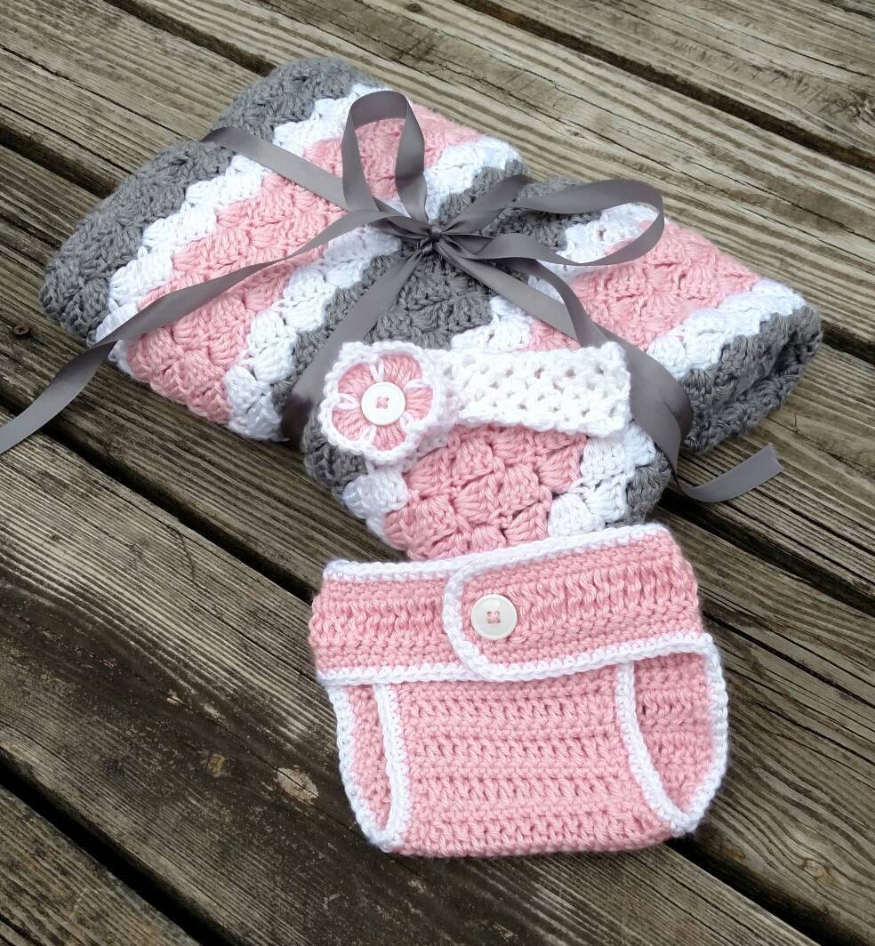 Crochet Baby Gift Set Pink White and Grey Baby Girl