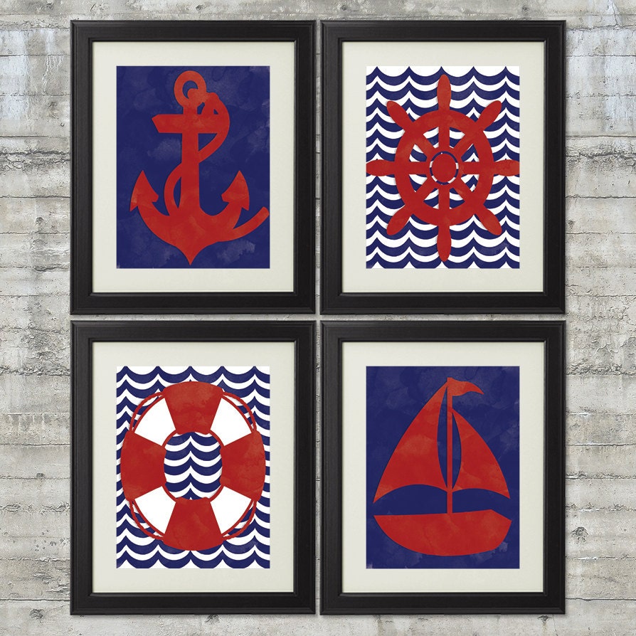 Nautical Nursery Art Nautical Bathroom Art Set of 4 8x10