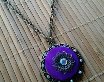 Dahlia Necklace in Antique Brass w/Purple Rhinestone Pendant-Big-Simple-floral-Vintage-Romantic-Country-Woodland-Fantasy-Flower-Earthy