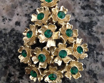 Flower Tree Brooch with Green Rhinestones