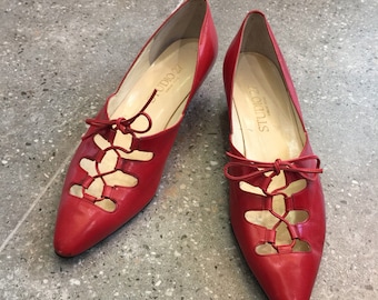 Vintage Studio 27 Red Leather Lace Up Pumps Heels, 80s Women Shoes