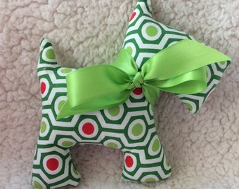 Stuffed Scotty Dog - plush- lime Green, green, red hexagons