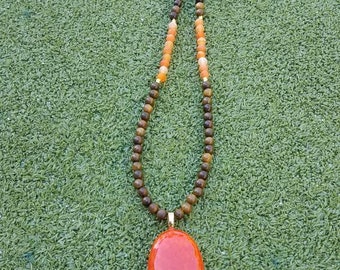 Long Orange Glass Pendant & Brown Wood Bead Necklace