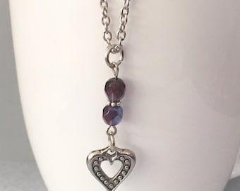 Heart necklace, purple necklace, pendant necklace, purple bead necklace, charm necklace, chain necklace, purple beaded necklace