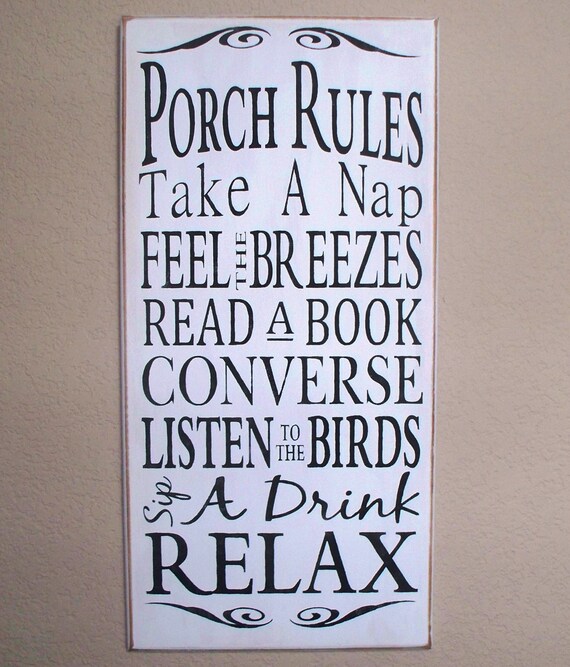 PORCH RULES - Wood sign - hand painted - white with black lettering - large - subway art - typography - rustic -