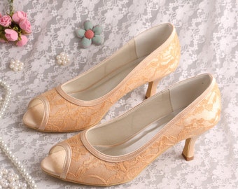 Custom handmade gold Lace Bridal wedding satin trim low heel peeptoe front court pump 14 colours!