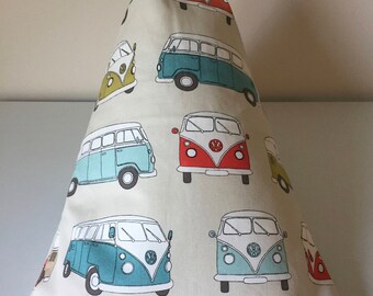 Unique hand sewn ebeanie LARGE size in a cream fabric with camper vans
