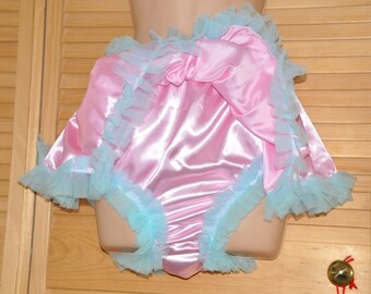 JH 1X - Chiffon lined silky fully skirted sissy silky satin panties, sissy pink, Sissy Lingerie