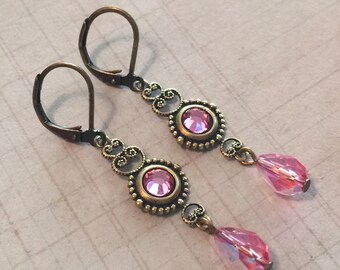 Leverback Earrings - Brass Earrings - Brass Jewelry - Crystal Earrings - Rose Pink Crystal Antiqued Brass Filigree