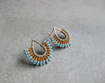 Gold Teardrop Stud Earrings . Fiber Jewelry . Micro Macrame . Geometric Fan Earrings . Design by .. raïz ..