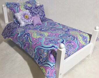 Boho Doll Bedding Set for American Made for 18" Girl Dolls Purple Paisley