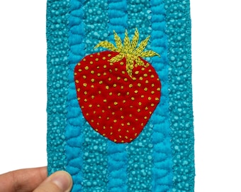 Textile art with strawberry in postcard size - strawberry in miniature with hand embroidered details