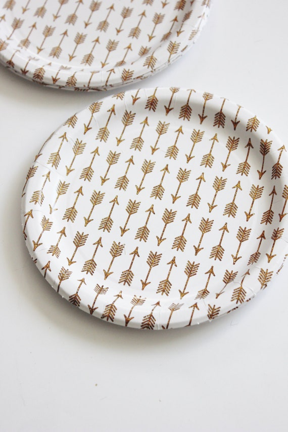 8 GOLD ARROWS Paper Plates / White Golden Glitter Golden Arrow 8 GOLD ARROWS Paper Plates / White Golden Glitter Golden Arrow