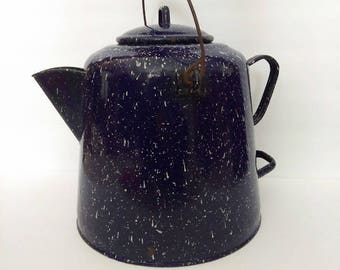 Vintage Large Dark Blue Graniteware Speckled Coffee Pot with Metal Bail Handle - Enamelware Coffee Pot