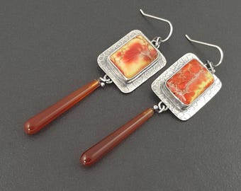 Sea Sediment Jasper Earrings, canrnelian, red yellow, sterling silver, bohemian earrings, long dangle earrings, michele grady, boho earrings