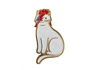 Bowie Cat Enamel Pin - cat pin - kitty stardust - sparkle cat lapel pin hat pin Gold and Bright Silver Glitter