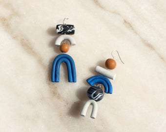 Asymmetrical Statement Earrings, Chunky Abstract Earrings, Geometric Shapes Polymer Clay Dangle Drop Earrings