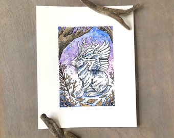 Original Watercolor Painting || Winter Winged Jackalope