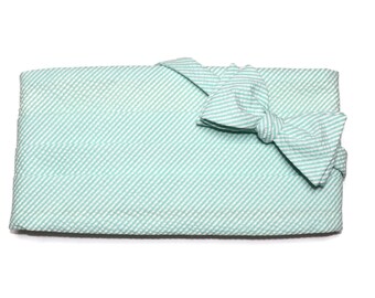 Mint Green Seersucker Stripe Cummerbund & Bow Tie~Mens Cummerbund Set~Mens Formal Wear~Groomsmen~Groom~Self Tie Bow Tie~Men Gift~Wedding