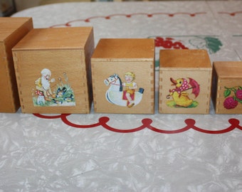 Darling Wooden Stacking, Nesting Blocks, Vintage Set of 6