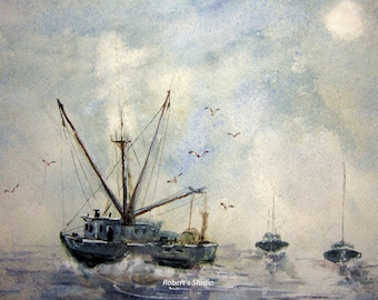 Original Watercolor Seascape Painting 12x16, watercolor painting art, landscape painting, fishing boat painting, nautical painting.