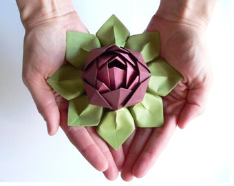 Handmade Paper Flower - Origami Lotus Flower Decoration or Favor - Merlot, Rhubarb, and Moss Green