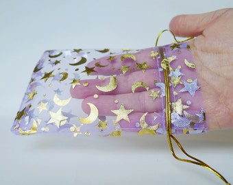 FIVE Purple Organza Bags, 5 Set Lavender Amethyst Lilac Violet Grape Gold Moon Stars Bags, Celestial Printed Pouch Lot, US Seller Gift Bags