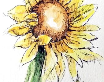 Sunflower Original Watercolor Art Painting Pen and Ink Watercolor Art