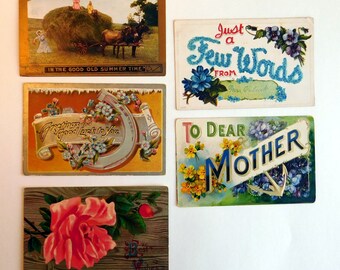 Lot of 5 Antique Vintage Greeting Postcards 1909-1911 Edwardian Victorian Style Color Litho Cards - Card-making Collage Supply - Ephemera